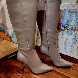 DKNY Gray Heeled Boots with Stiletto Heel and Pointed Toe